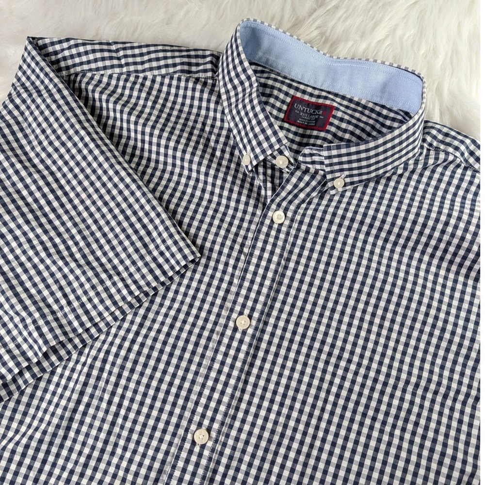 UNTUCKit Button Down Shirt Mens 3XL‎ Navy White Gingham Short Sleeve Classic Fit